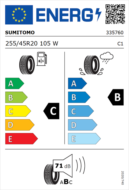 Tyre Label for Sumitomo BC100 255/45R20 105W