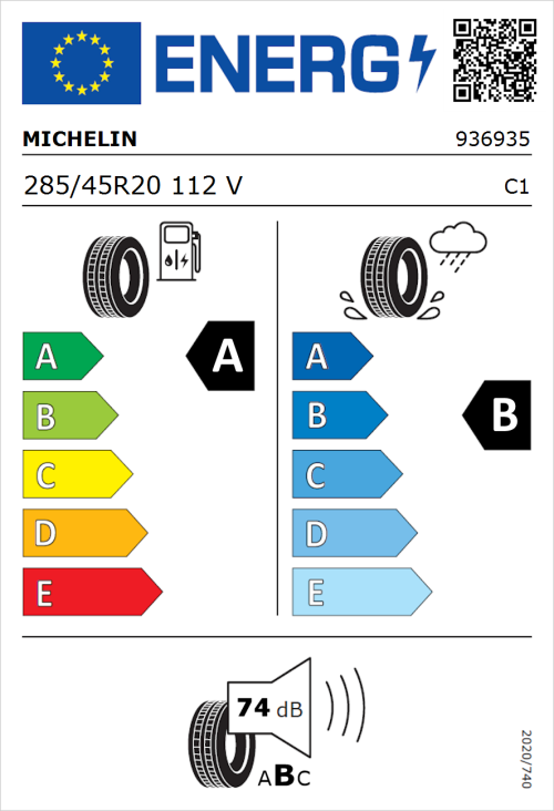 Tyre Label for Michelin Pilot Sport EV 285/45R20 112V