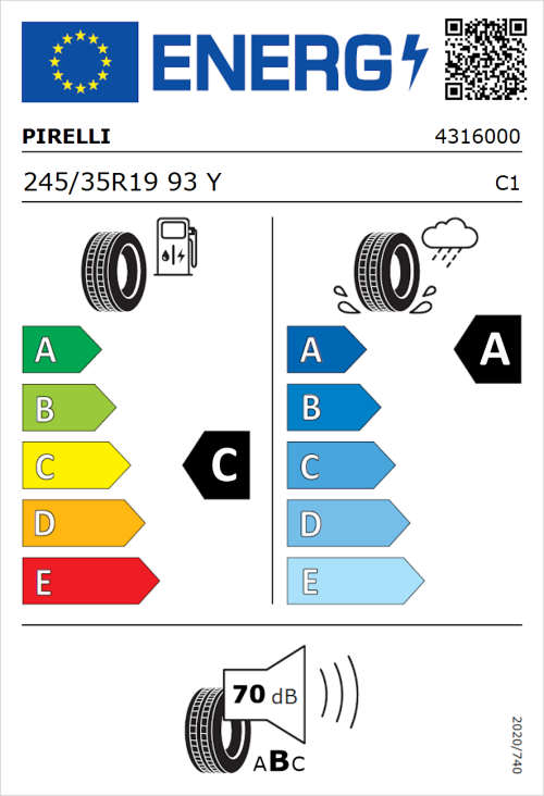 Tyre Label for Pirelli P-Zero (PZ5) 245/35R19 93Y