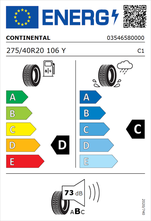 Tyre Label for Continental Conti4x4SportContact 275/40R20 106Y